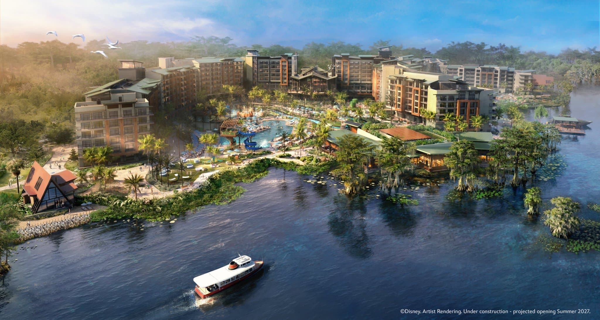 New Lakeshore Lodge Concept Art Reveals Water Slide, Waterfront Dining, and Cabin Details